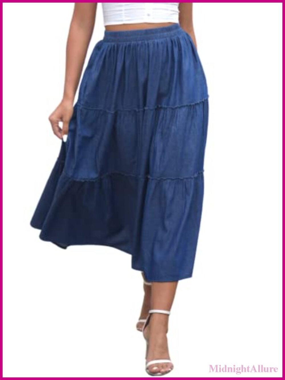 Women's Denim Maxi Skirt with Pockets, Elastic Waist
